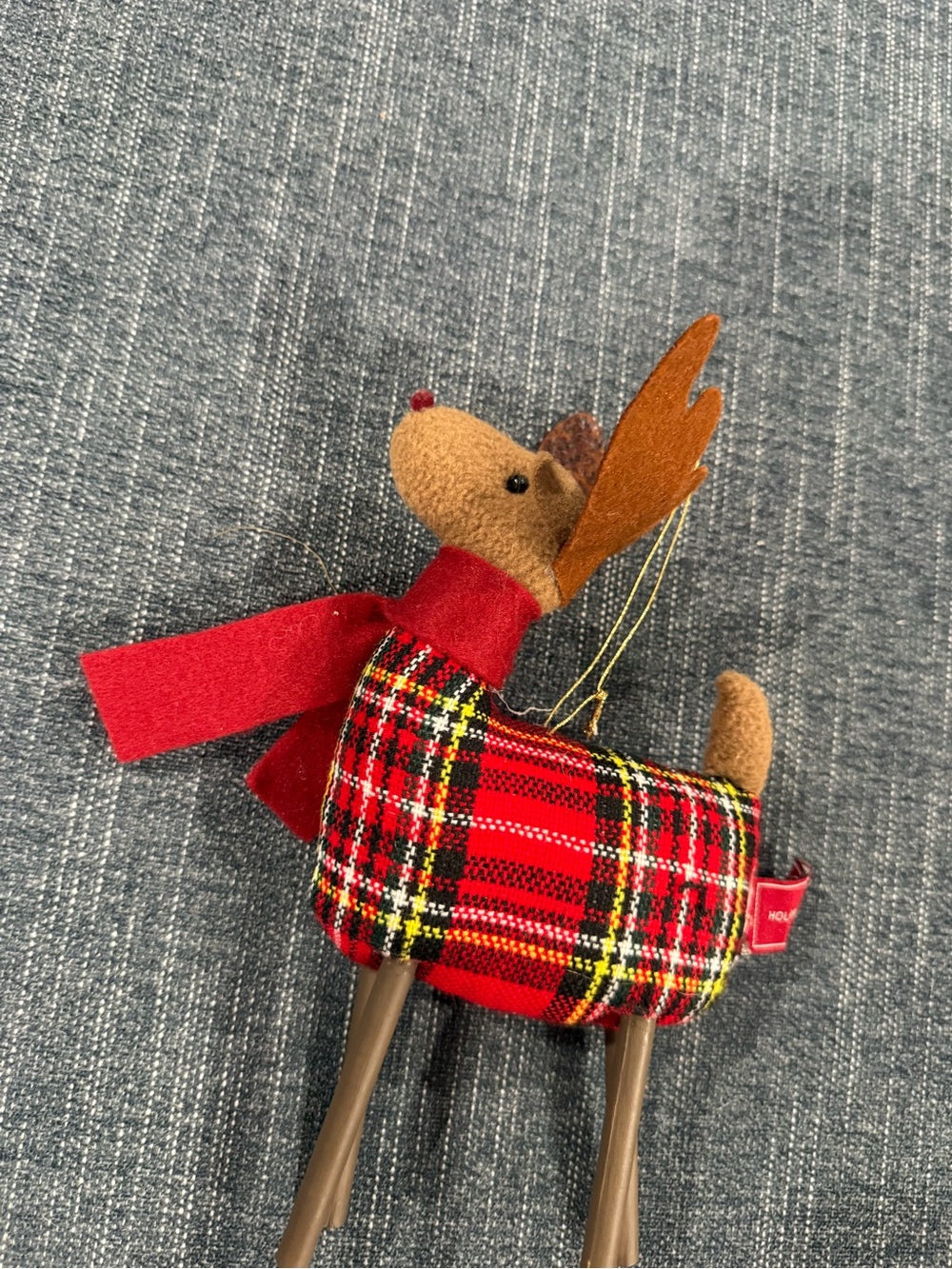 Holiday Reindeer Plaid Ornament with Red Scarf